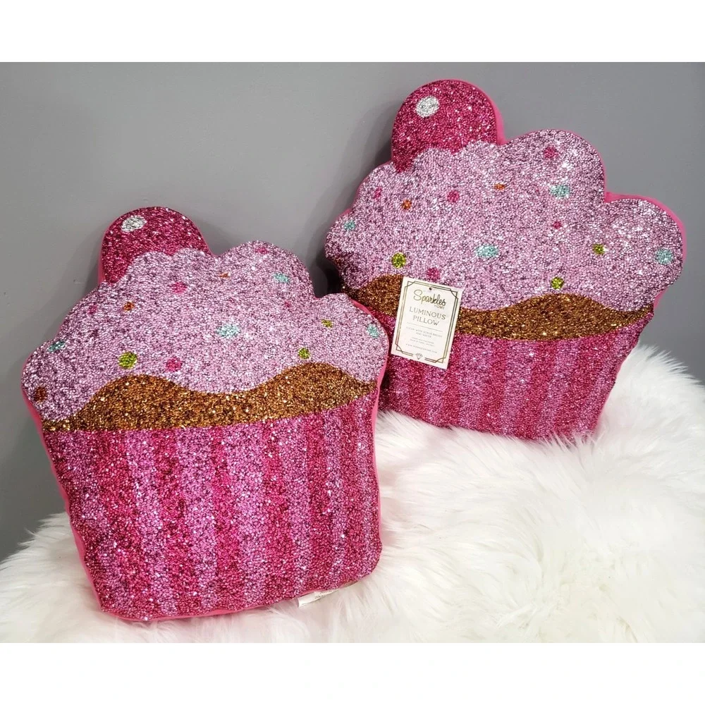 LOT 2 Sparkles Home Pink Cupcake Shaped Beaded Throw Pillow Dessert Sweet‎ Candy